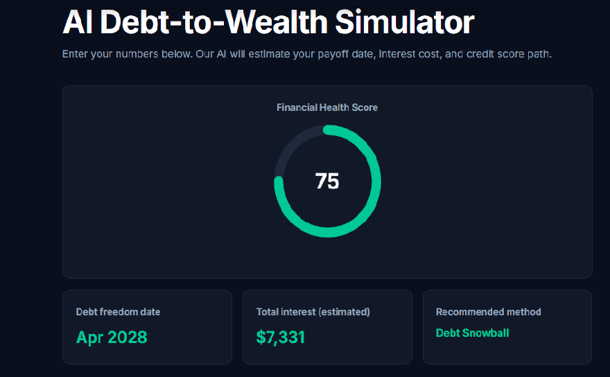 AI Debt-to-Wealth Simulator Dashboard showing financial health score and debt payoff timeline